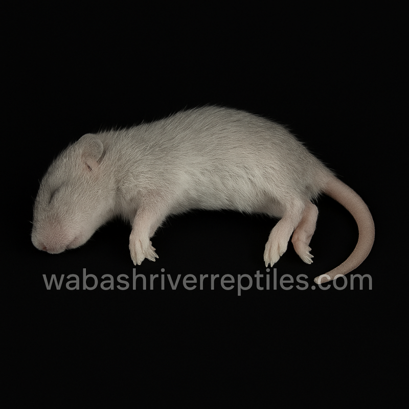 Frozen fuzzy rat feeder on black background with wabashriverreptiles.com watermark.