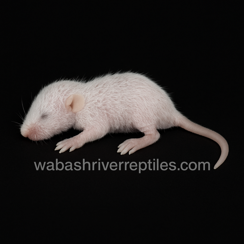 Frozen fuzzy white mouse on black background with wabashriverreptiles.com watermark – reptile feeder mouse.