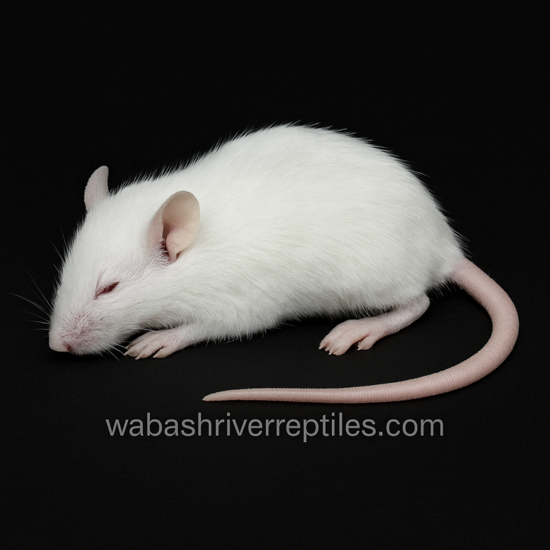 Frozen large white mouse on black background with wabashriverreptiles.com watermark – 18 to 29.99 gram feeder mouse.
