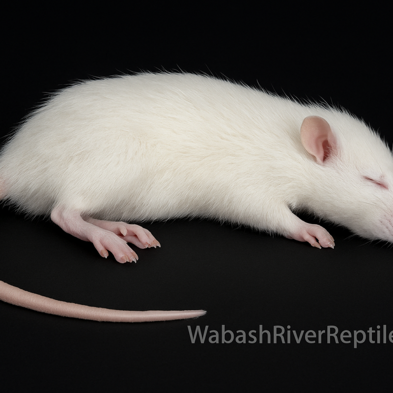 Frozen large white rat on black background with wabashriverreptiles.com watermark – reptile feeder rodent.