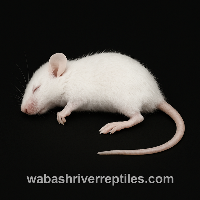 Frozen medium weaned white mouse on black background with wabashriverreptiles.com watermark – 13 to 17.99 gram feeder mouse.