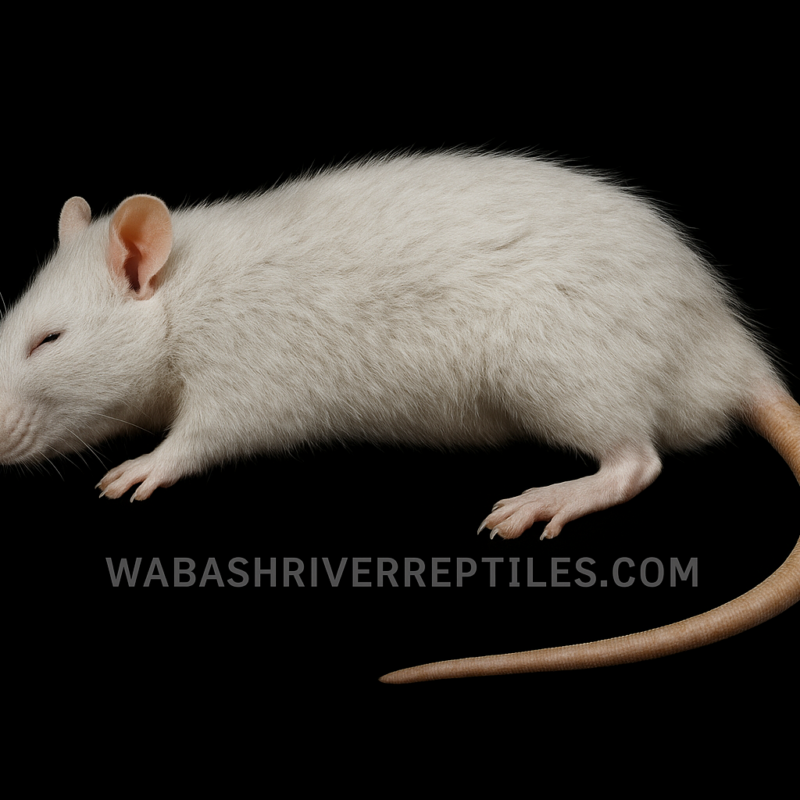 Frozen medium white rat on black background with wabashriverreptiles.com watermark – reptile feeder rodent.