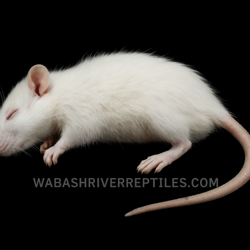 Frozen small rat on black background with wabashriverreptiles.com watermark – reptile feeder rodent.