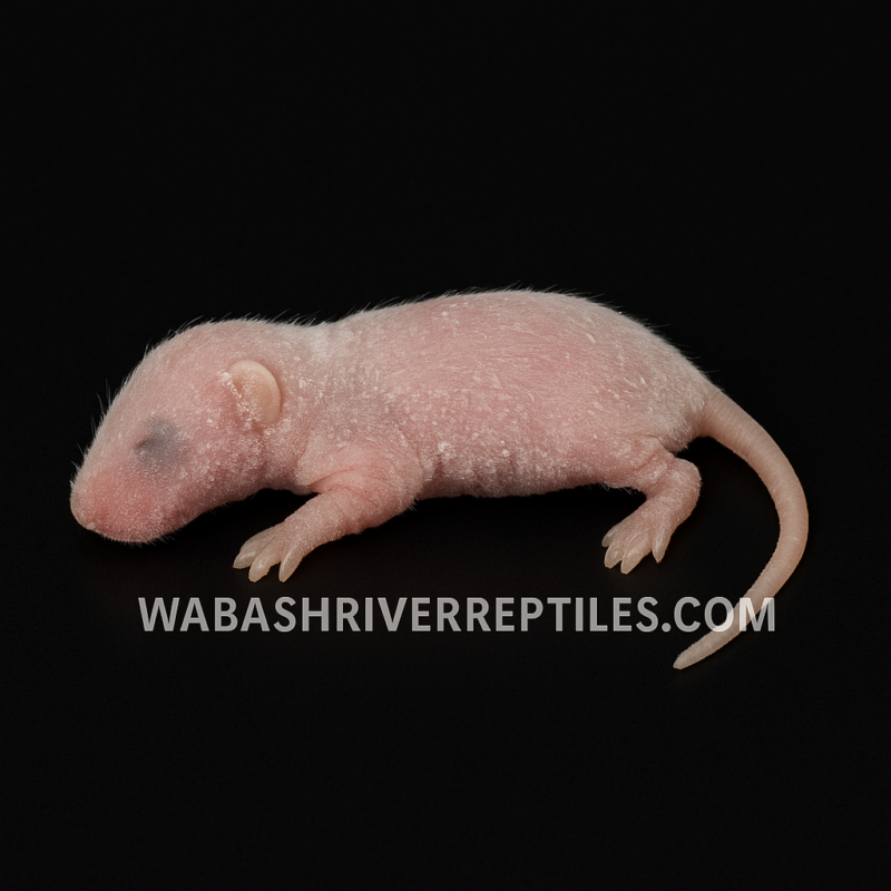 Frozen large pinky mouse on black background with wabashriverreptiles.com watermark – 4-day-old feeder mouse.