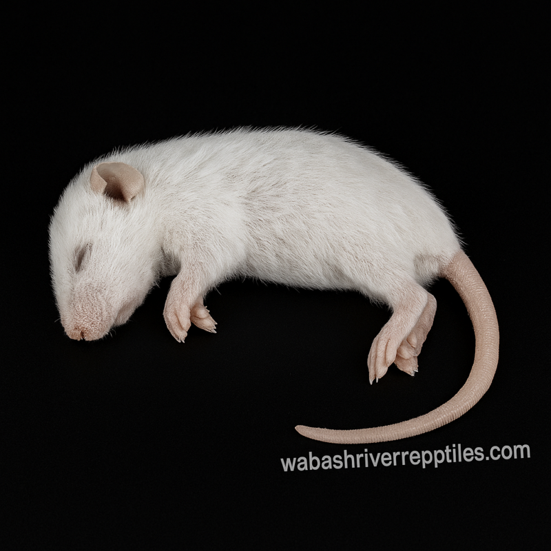 Frozen weaned rat on black background with wabashriverreptiles.com watermark – feeder rat for reptiles.