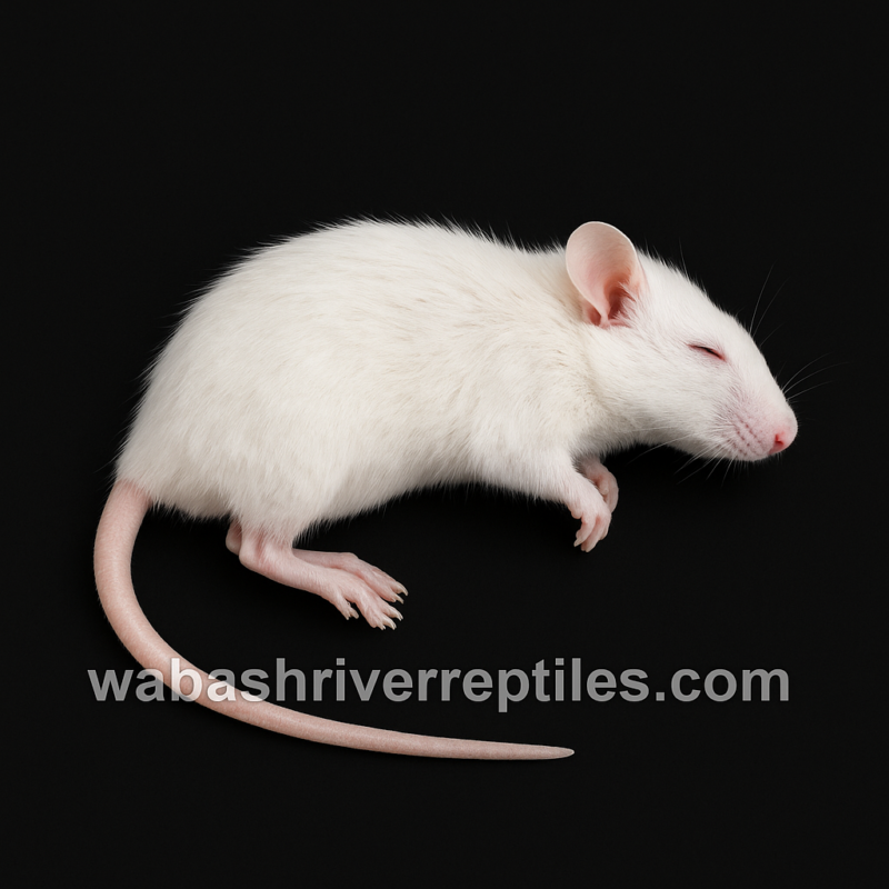 Frozen extra-large white mouse on black background with wabashriverreptiles.com watermark – 30 to 45+ gram feeder mouse.