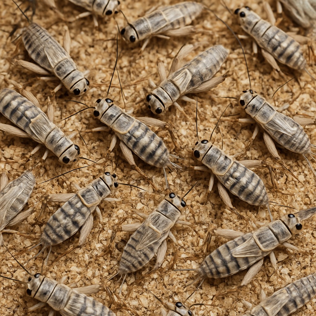 Live Gray Banded Crickets on natural substrate – feeder insects for reptiles, amphibians, and birds.